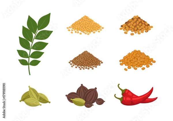 Obraz Illustration of various Indian spices and herbs arranged on a white background
