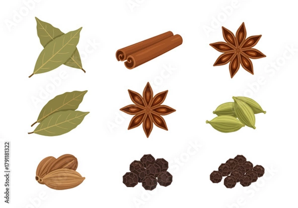 Obraz Nine illustrations of culinary spices arranged in a threebythree grid
