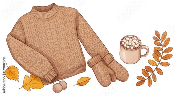 Fototapeta Cozy autumn objects: knit sweater, mittens, hot cocoa, fall leaves