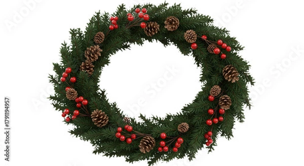 Fototapeta Festive christmas wreath with pinecones and red berries decor.