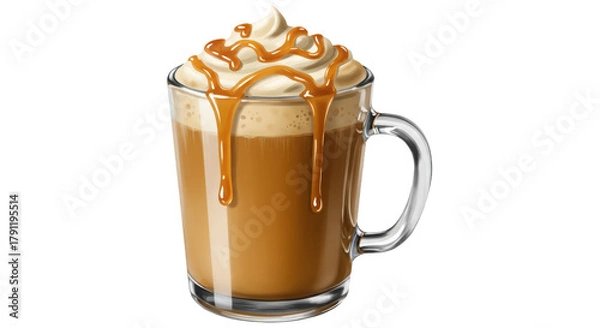 Fototapeta Caramel macchiato with whipped cream and sauce in a clear mug