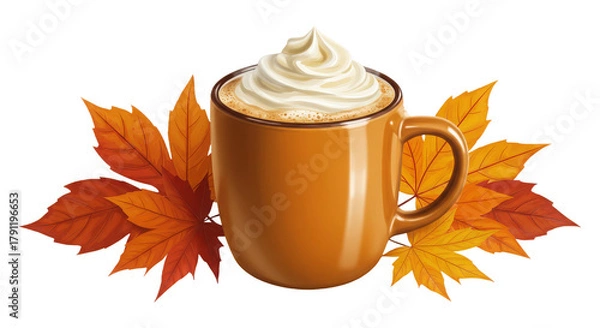 Fototapeta Warm autumn beverage with whipped cream and fall maple leaves
