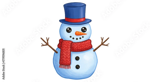 Fototapeta Cheerful cartoon snowman with blue top hat and red scarf design