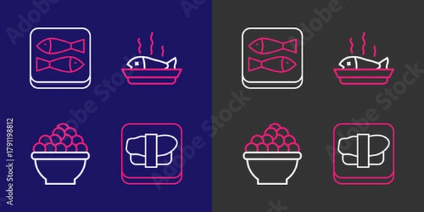 Obraz Set line Sushi on cutting board, Caviar, Served fish plate and Canned icon. Vector