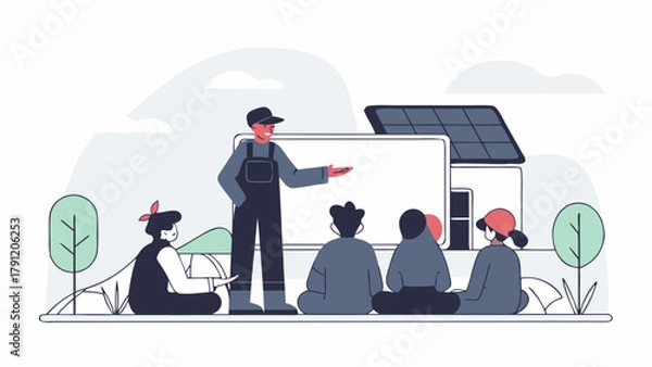 Fototapeta An expert instructor giving a presentation on sustainable solar panel technology to a diverse group of people in an outdoor classroom