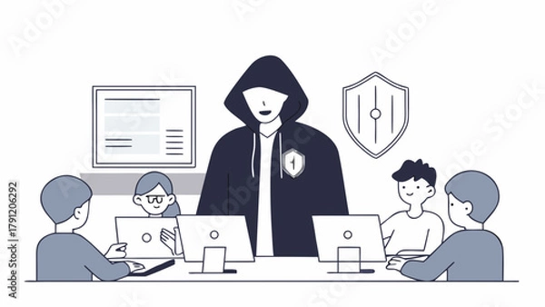 Fototapeta Business concept of a dedicated cybersecurity team with a hacker-like leader working together in an office to ensure network protection and data safety