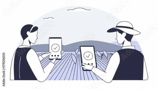 Fototapeta An illustration of two farmers using smartphones with checkmarks in a field, showcasing the concept of smart farming and modern agritech