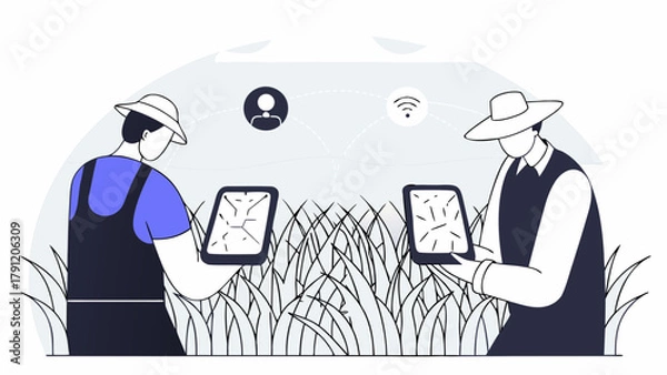 Fototapeta Digital transformation in the agricultural sector showing two farmers using connected tablets for data-driven crop management