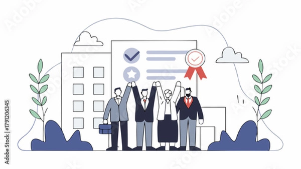 Fototapeta Vector illustration of a professional business team celebrating success. Cheerful employees with a quality certification document and city building background