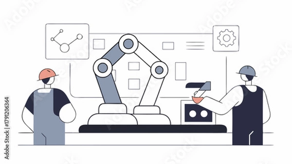 Fototapeta Illustration of engineers and a robotic arm on a production line, symbolizing industrial automation in a modern smart factory
