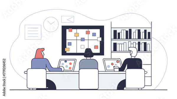 Fototapeta A group of colleagues working together on a new business strategy, conceptualizing a project plan in a collaborative workspace meeting