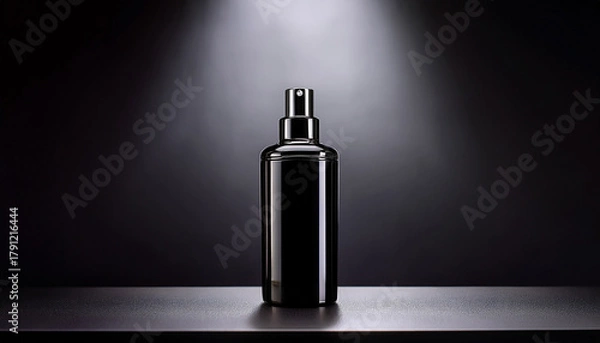Fototapeta Sleek Black Spray Bottle Stands Prominently Against Dark Moody Background Illuminated By Single Overhead Light Elegant Design And Glossy Finish Evoke Sense Of Luxury And Sophistication