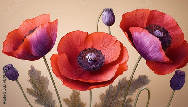 Fototapeta Three Red Poppies With Purple Spots Are Depicted In A Modern Illustration On A Beige Background