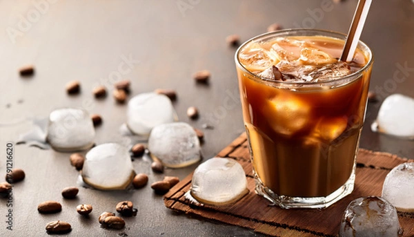 Fototapeta Iced Coffee Drink In Clear Cup With Straw And Ice Cubes