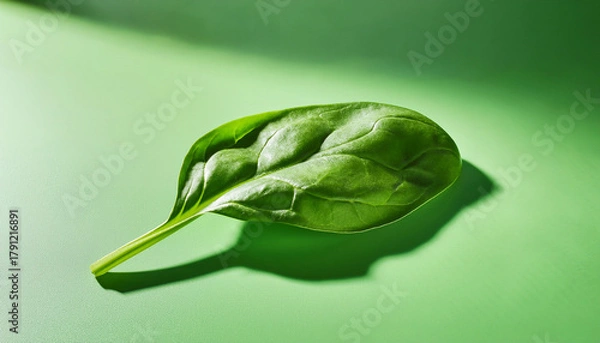 Fototapeta Single Fresh Spinach Leaf On Clean Wide Surface Vibrant Green Color Natural Light Casting Soft Shadow Healthy Organic Vegetable Closeup Detail Minimalistic Composition