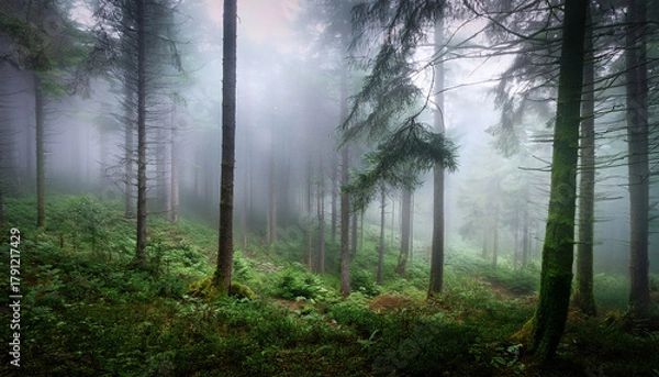 Fototapeta Misty Forest With Tall Evergreen Trees Dense Undergrowth Creates Mysterious Blurred Atmospheric Natural Landscape Fog Permeates Scene Evoking Tranquility Eerie Beauty Ideal Projects Seeking Calm