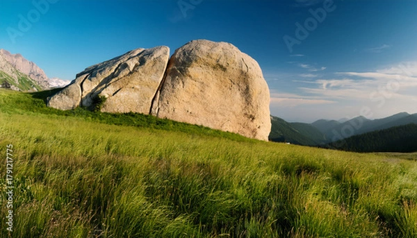 Fototapeta Scenic Nature Landscape With Large Beige Rock And Green Grassy Field In The Mountains