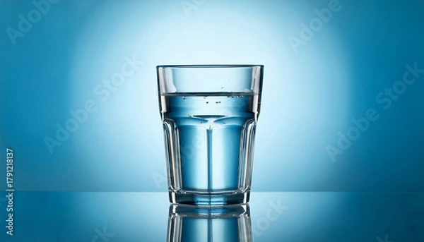 Fototapeta Transparent Glass Filled With Water Against A Light Blue Backdrop With Reflective Surface