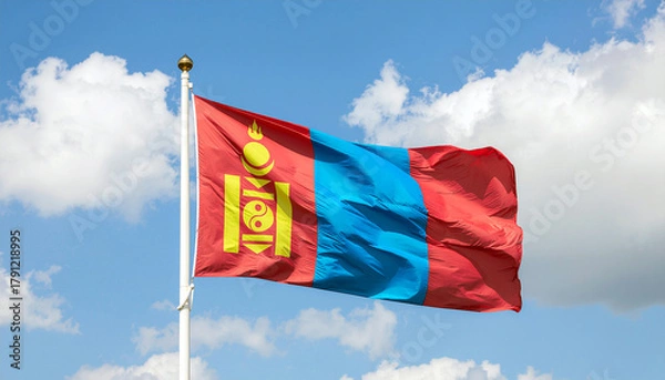 Fototapeta Patriotic Mongolia national flag waving gracefully in the wind against a beautiful blue sky with fluffy clouds on a sunny day, showcasing national pride