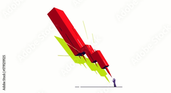 Fototapeta A small figure stands beneath a large, red, downward-pointing arrow, symbolizing financial decline or economic downturn on a white background.