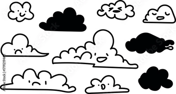 Fototapeta Hand drawn cartoon clouds with faces and emotions drawing