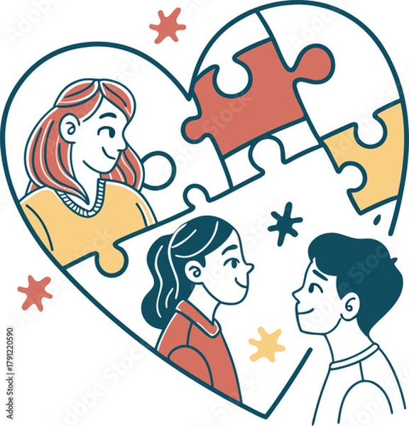 Obraz People connecting within a heart shape, solving a puzzle together