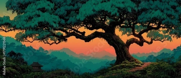 Obraz Beautiful misty forest illustration with golden sunrise high resolution picture