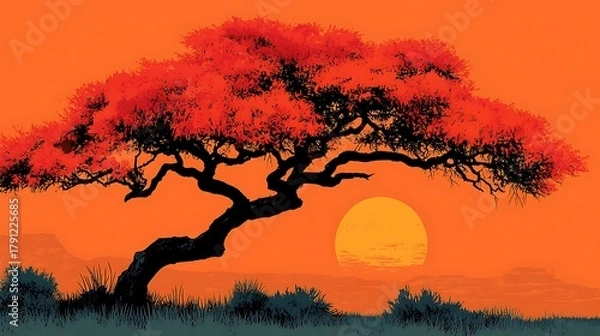 Obraz Beautiful orange sky with acacia silhouette high resolution picture