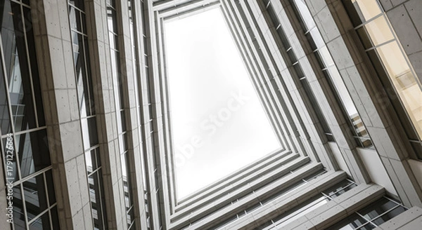 Fototapeta Skyscraper courtyard looking up to the sky, modern architecture perspective.