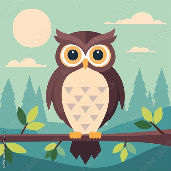 Fototapeta An Illustration of a cartoon owl perched on a branch, in front of the sun. The scene is bright and friendly