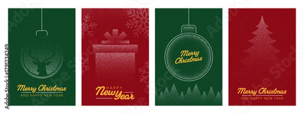Fototapeta Four christmas vector greeting card with dot art style. Merry Christmas and Happy New Year holiday seasonal celebration background.