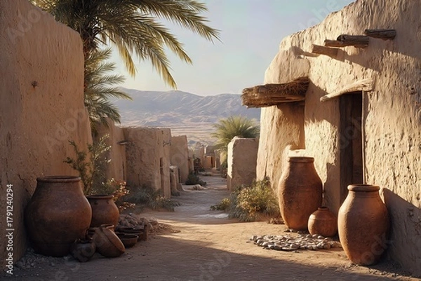 Fototapeta Quiet traditional lane with adobe walls, palm fronds and clay vessels; warm daylight and soft dust create a timeless feel.
