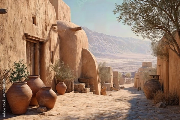 Fototapeta Quiet traditional lane with adobe walls, palm fronds and clay vessels; warm daylight and soft dust create a timeless feel.