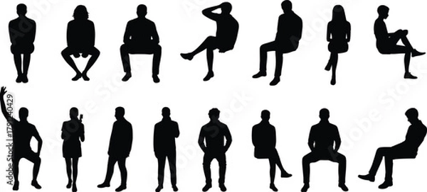 Obraz Silhouettes of seated and standing people, relaxed poses, gesture reference, black vector figures, posture study, animation, design resource