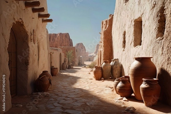 Fototapeta Quiet traditional lane with adobe walls, palm fronds and clay vessels; warm daylight and soft dust create a timeless feel.