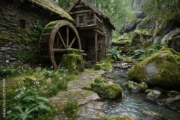 Fototapeta Detailed scene of a mossy watermill beside a clear stream, surrounded by dense greenery and blooming wildflowers.