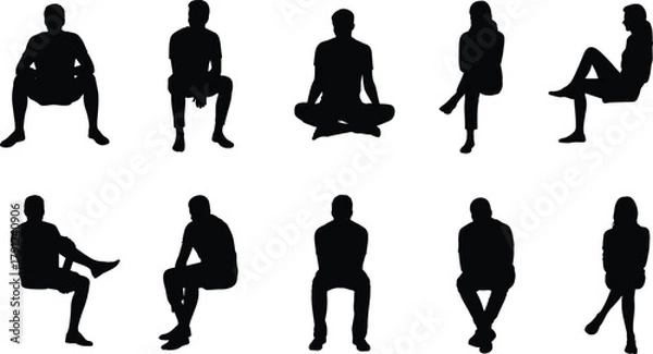 Obraz Seated posture silhouettes, black vector icons, human sitting poses, leg and arm positions, body language design, gesture illustration pack