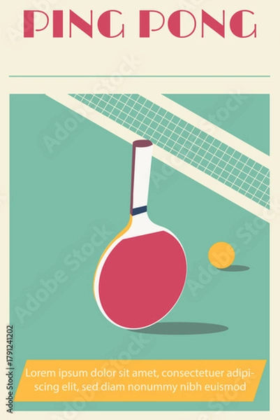 Obraz Upright table tennis racket, table tennis ball, ping pong text, tournament, retro, poster, text field