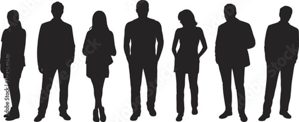 Obraz Professional silhouette set, diverse individuals in business attire, standing poses, black vector illustration, corporate icon, formal figure, white background