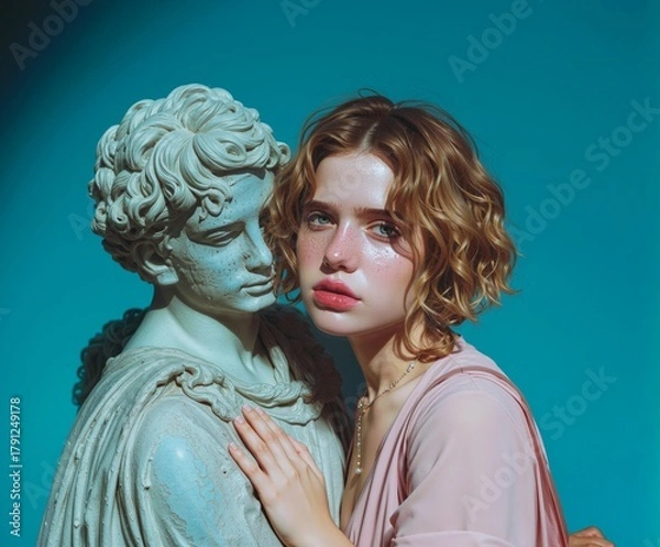 Fototapeta Emotive surreal portrait of a young woman embracing a marble statue against a turquoise background. A poetic fusion of art, emotion, and classic beauty symbolizing timeless love and melancholy.