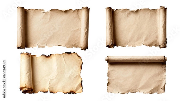 Fototapeta Four old parchment scrolls with torn and burnt edges isolated on a white background in studio lighting