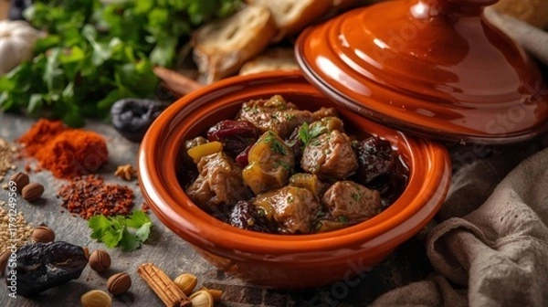 Fototapeta Savory Beef Stew in a Clay Pot with Fresh Herbs