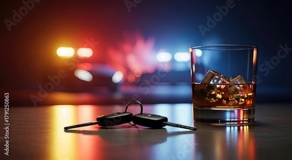 Fototapeta Alcoholic drink with ice beside car keys, blurred emergency vehicle lights signify impaired driving consequences during national prevention month.