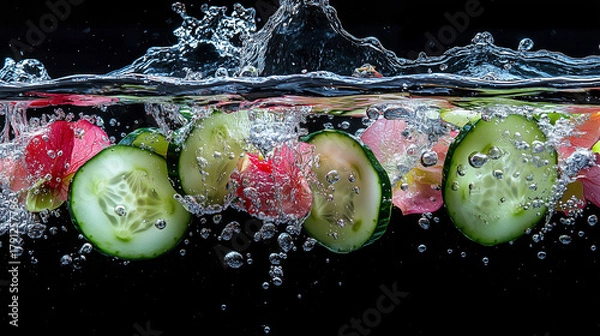 Fototapeta Cucumber slices and petals in water splash on black background. Bright concept of freshness and hydration