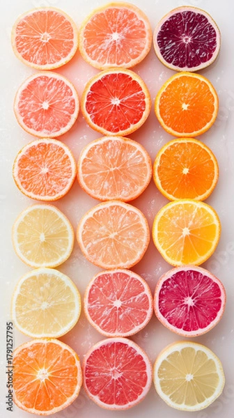 Fototapeta Vibrant citrus slice arrangement. Colorful background for fresh summer design and kitchen decor