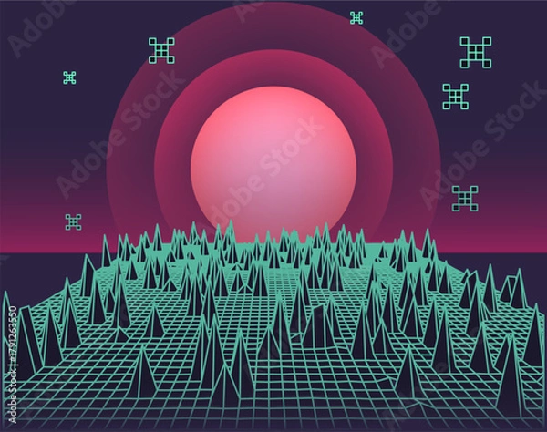 Fototapeta Vector illustration features a retro-futuristic, 80s-inspired grid landscape with neon turquoise lines, pink gradient sun, and sharp geometric pyramids. Sci-fi vaporwave abstract wallpaper.