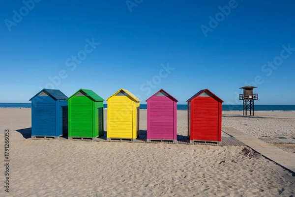 Fototapeta Colorful beach huts on cullera sand with lifeguard tower