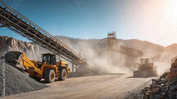 Obraz Construction vehicles, including a loader and dozer, move materials at a gravel quarry. Dust clouds rise in the afternoon sun, highlighting the busy industrial activity in the site