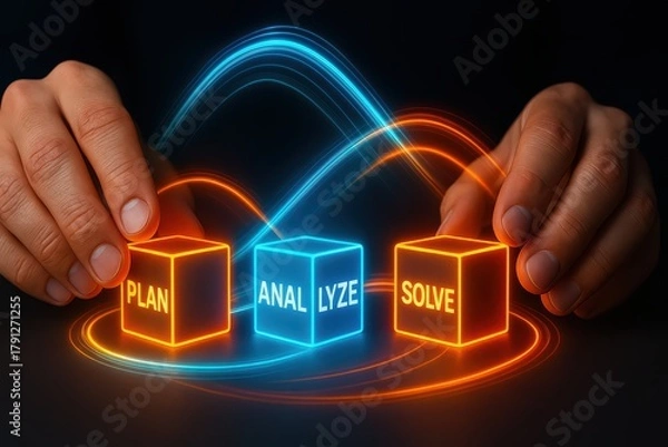 Obraz Hands arranging glowing cubes plan analyze solve, business strategy, problem solving process, efficiency management, teamwork success concept