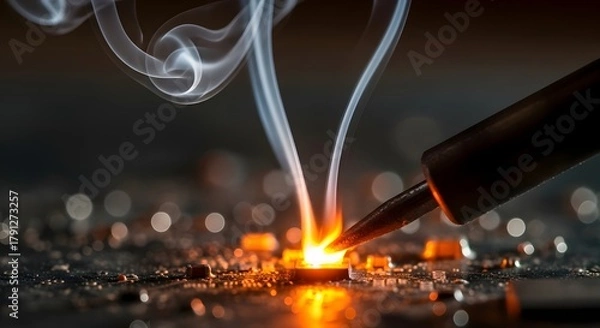 Fototapeta Soldering iron melting solder with smoke rising on circuit board  